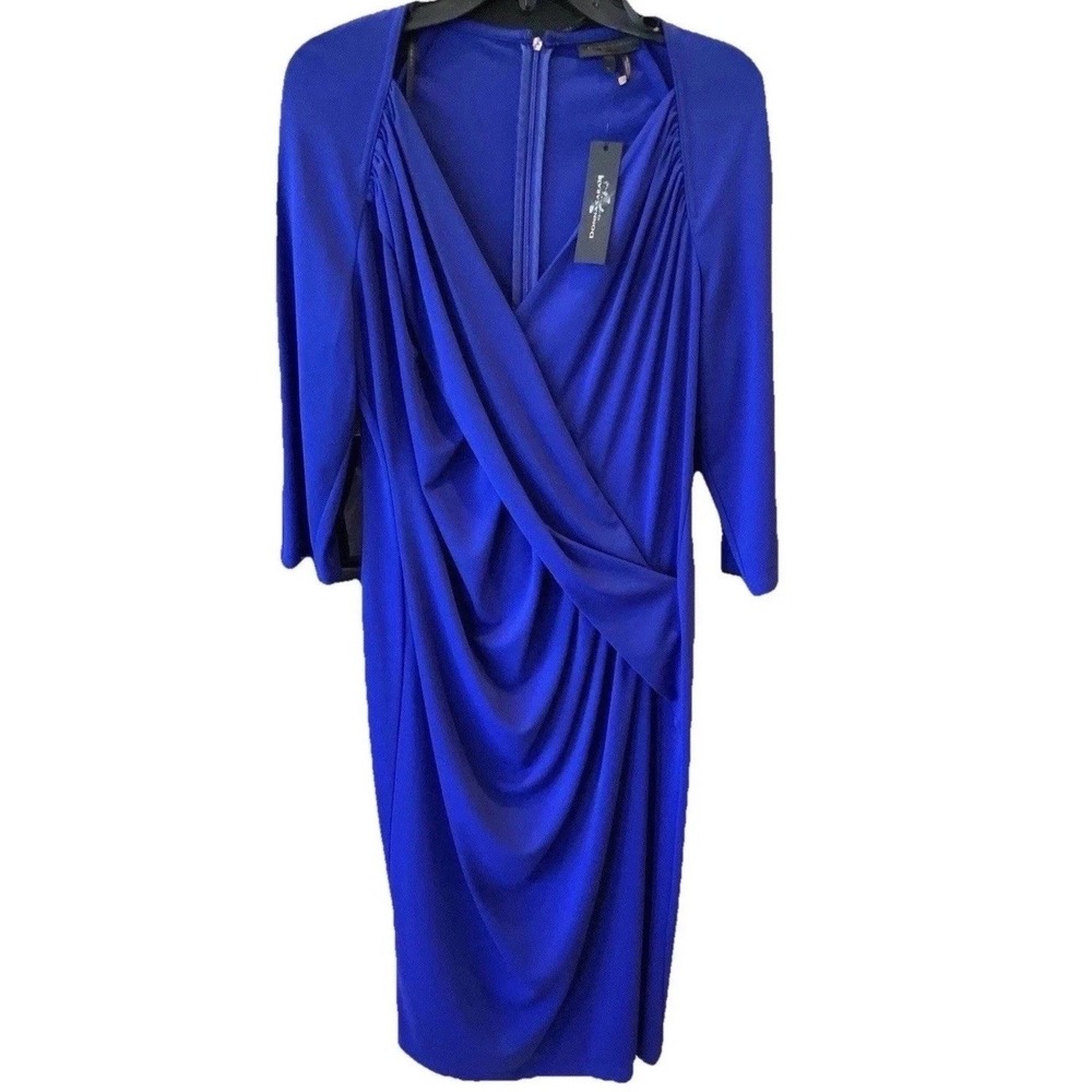 New Donna Karan Knee Length Dress 14 Deep V Neck Royal Blue Ruched Drapey